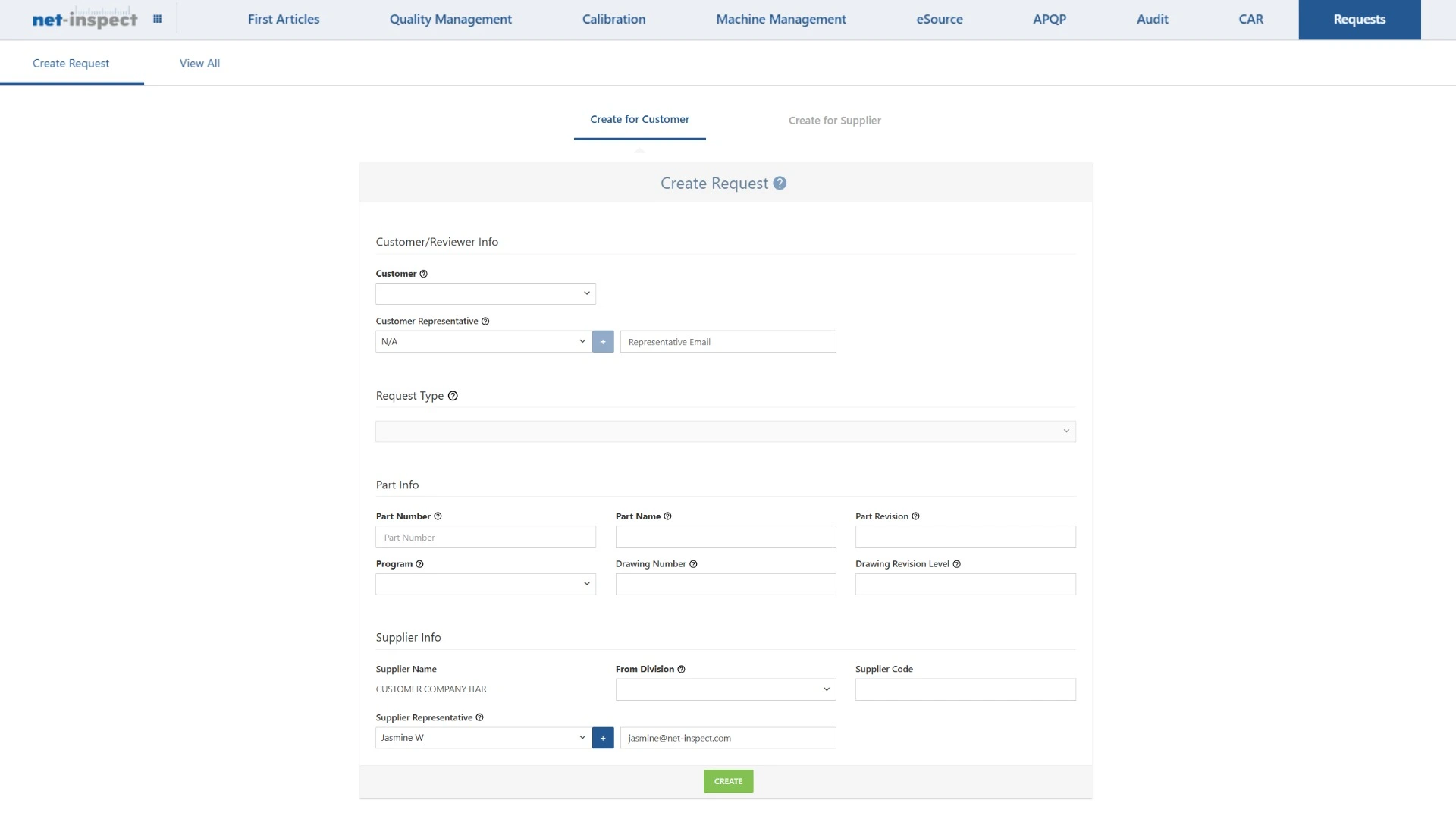 Net-Inspect Supplier Deviation Request Management module Create Request form showing customer info, request type selection, part details including part number and revision fields, and supplier information entry with green Create button